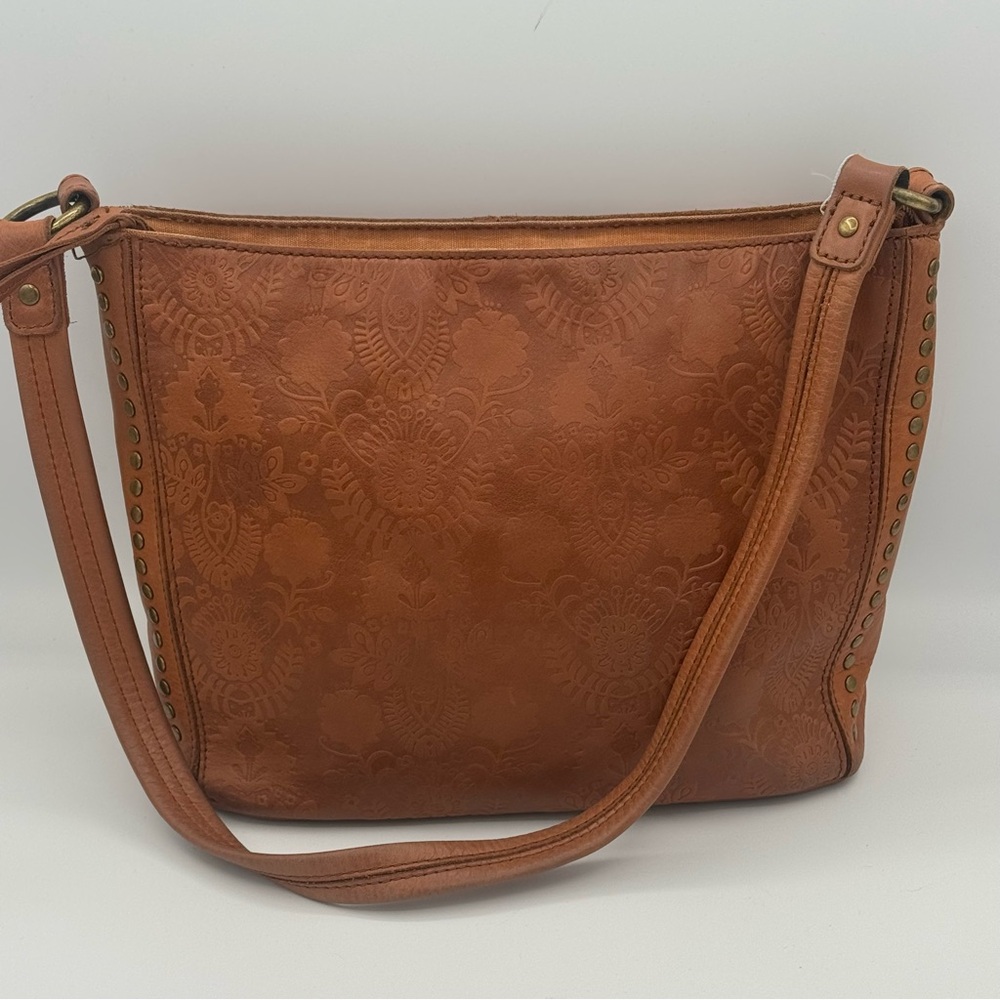 The Sak Floral Embossed Leather Hobo Shoulder Bag Brass Metal Stud Details